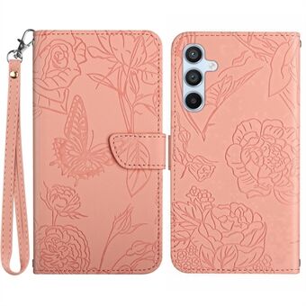 För Samsung Galaxy A54 5G HT03 Imprinted Butterfly Flowers PU Läder Folio Cover Skin-touch Magnetic Flip Stand Cover med handrem