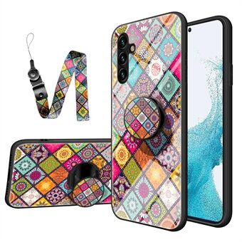 För Samsung Galaxy A54 5G Stötsäkert telefonfodral i härdat glas Blommönster PC + TPU Anti- Scratch Stativfodral med rem