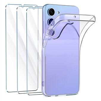 För Samsung Galaxy A54 5G genomskinligt TPU telefonfodral med 3 st 2.5D Arc Edge härdat glas skärmfilm