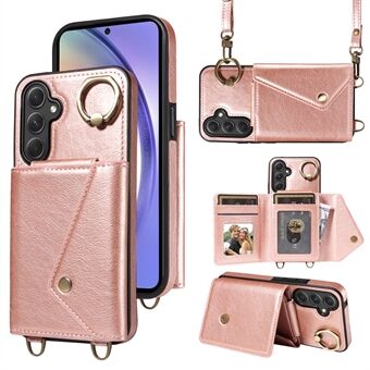 002 Anti-drop skal för Samsung Galaxy A54 5G, Ring Kickstand Card Bag Litchi Texture Leather+TPU Telefonväska med axelrem