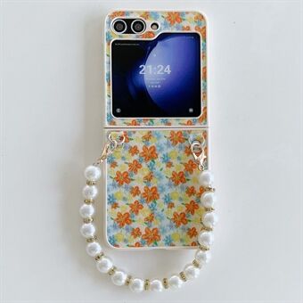 För Samsung Galaxy Z Flip5 5G Telefonväska med blommönster i PU+PC-material och beaded-handrem.