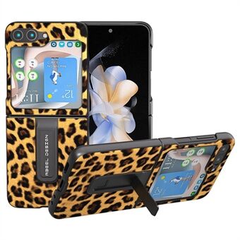 ABEEL för Samsung Galaxy Z Flip5 5G PU läder+PC stödfodral Leopardmönstrat mobilskal