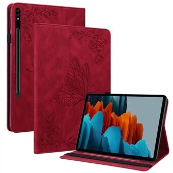 För Samsung Galaxy Tab S9 PU-läder Stödfodral med tryck av fjärilblomma och kortfack.