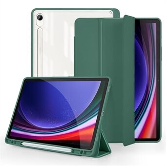 För Samsung Galaxy Tab S9 Skyddande Surfplatta Fodral Tri-Fold Ställ PC+TPU+PU Transparent Bak Flip Omslag