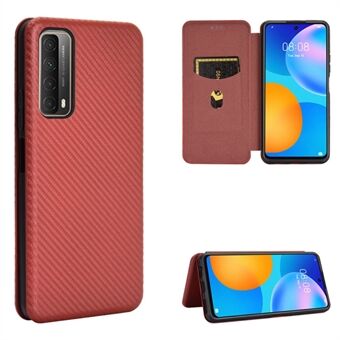 Auto-absorberade kolfiber textur Shell för Huawei P Smart 2021 / Y7a Stand Fodral