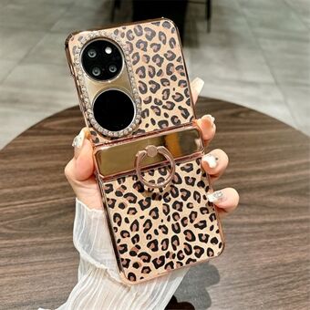 För Huawei P50 Pocket Fodral Leopardmönster Ringhållare Strass Hård PC Telefon Skyddsfodral