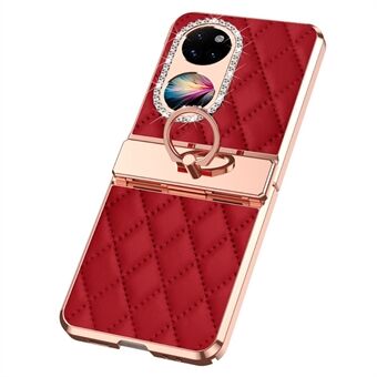 För Huawei P50 Ficka Präglad Läderbelagd PC-telefonfodral med Rhinestone-ringställ och elektropläterat telefonfodral.