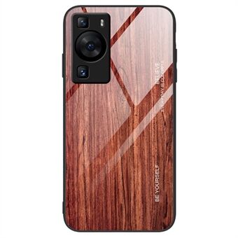 För Huawei P60 Trämönster Telefonfodral Härdat glas + TPU Shock Skyddsskydd