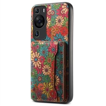 För Huawei P60 / P60 Pro fodral i konstläder med kortfack och blomstermotiv på baksidan.