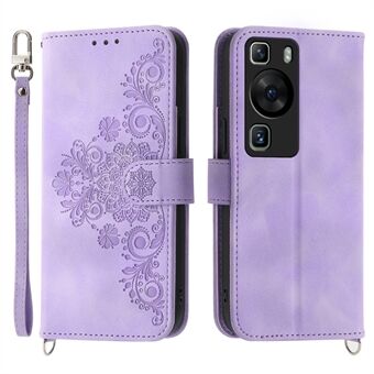 Plånbokstelefonfodral för Huawei P60 / P60 Pro Stötsäkert fodral Skin-Touch Imprinted Flower Leather Flip Cover med rem