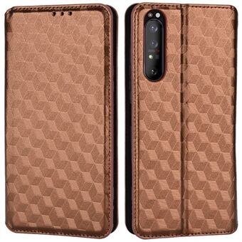 För Sony Xperia 1 II Rhombus -präglat skyddande telefonfodral PU-läder Magnetiskt autoabsorberat fodral med Stand