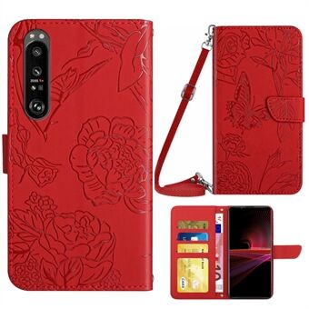 För Sony Xperia 1 IV Skin-touch Feeling Stand Butterfly Flowers Imprinting Pattern Plånbok Telefonskydd med axelrem