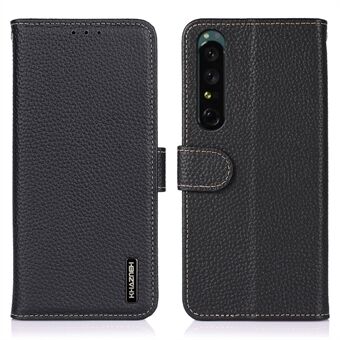 KHAZNEH Anti-dropp telefonfodral för Sony Xperia 1 V , äkta läder Litchi Texture Stand Skyddsfodral