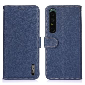 KHAZNEH Anti-dropp telefonfodral för Sony Xperia 1 V , äkta läder Litchi Texture Stand Skyddsfodral