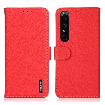 KHAZNEH Anti-dropp telefonfodral för Sony Xperia 1 V , äkta läder Litchi Texture Stand Skyddsfodral