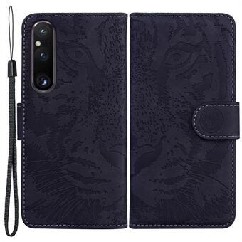 För Sony Xperia 1 V PU läder plånboksfodral Tiger Imprinted Folding Stand Telefonskydd