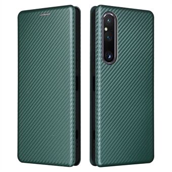 För Sony Xperia 1 V Stand PU Läder Telefonfodral Kolfiber Texture Korthållare Telefonskydd