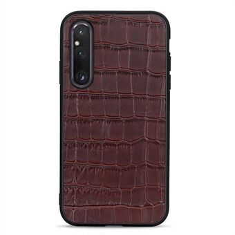 För Sony Xperia 1 V Äkta Läder + Mjuk TPU Edge Telefonfodral Crocodile Texture Anti-Fall Mobiltelefon Skal