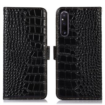 Plånbokstelefonfodral för Sony Xperia 1 V, Crocodile Texture RFID- Stand Telefonfodral i äkta kohud