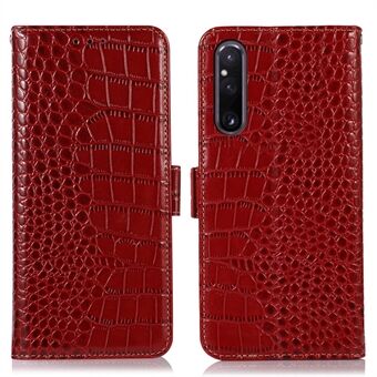 Plånbokstelefonfodral för Sony Xperia 1 V, Crocodile Texture RFID- Stand Telefonfodral i äkta kohud