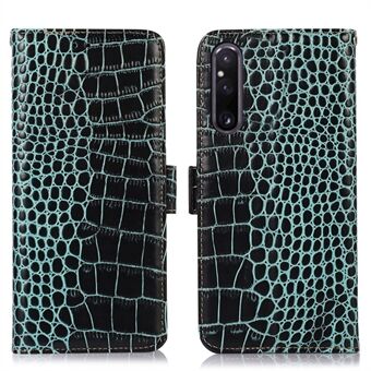 Plånboksfodral till Sony Xperia 1 V, Crocodile Texture RFID- Stand Telefonfodral i äkta kohud