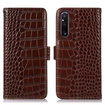 Plånbokstelefonfodral för Sony Xperia 1 V, Crocodile Texture RFID- Stand Telefonfodral i äkta kohud