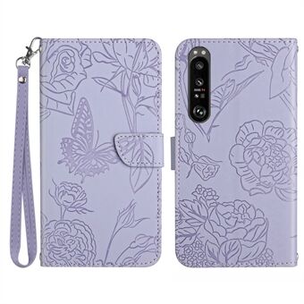 HT03 för Sony Xperia 1 V Skin-touch PU Läder Flip Telefonfodral Stand Plånbok med tryckt mönster skal med rem