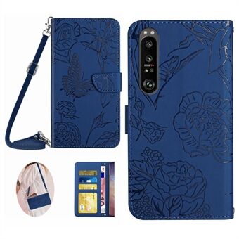 HT03 telefonfodral för Sony Xperia 1 V Stand PU-läderfjärilsblommor tryckt skal med axelrem