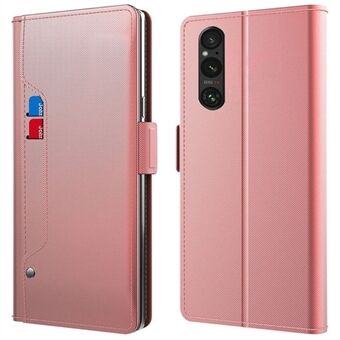 För Sony Xperia 1 V Stötsäkert läderfodral Mirror Design Stand Korthållare Telefonskydd