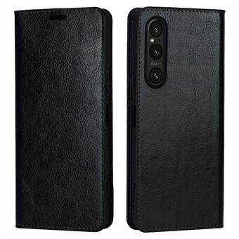 För Sony Xperia 1 V Stand Flip Wallet Crazy Horse Texture äkta koläderfodral Telefonfodral