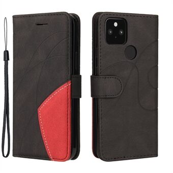 KT Leather Series-1 Dual-Color Contrast PU Leather-plånboksfodral med ställ och handledsrem för Google Pixel 5 XL - Svart