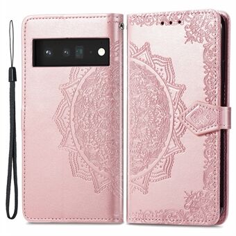 Präglad Mandala Blommig Mönster Plånbok i PU-läder med Magnetisk Stöttålig Stående Flip-fodral med Rem för Google Pixel 6 Pro