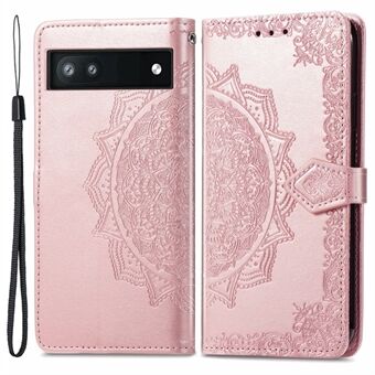 Telefonvändfodral för Google Pixel 6a Med Präglad Mandala Blomma Mjuk Plånbok i PU-läder med Rem.