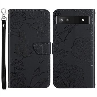 Fjärilsblommor Präglad fingeravtrycksfri PU-läder mobilskal för Google Pixel 6a, Mönsterpräglad design plånboksfodral med praktisk rem.