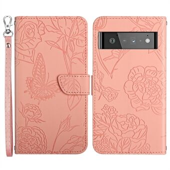 Fjärilsblommor Präglad Anti-drop PU-läder Telefon skal för Google Pixel 6 Pro, Mönster Präglad Design Plånbok Ståfodral med Praktisk Rem.