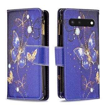 För Google Pixel 7 BF Pattern Printing Leather Series-4 03-Style Zippered Leather Phone Shell Wallet + Justerbart Ställ Folio Vändbar Mobilväska - Lila fjärilar