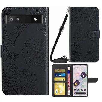 För Google Pixel 6a TPU+PU läder telefonfodral, Plånboksfodral med ståfunktion och fjärils- och blommamönster för tryck i skinnskänsla med axelrem.