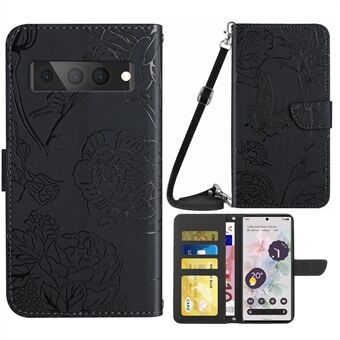 För Google Pixel 7 Pro är ett lättvikts mobilfodral i läder och TPU med en skin-touch känsla. Det har en fjärilsblomma tryckt mönster och fungerar som både ett plånboksfodral och stativ. Det kommer även med en axelrem.