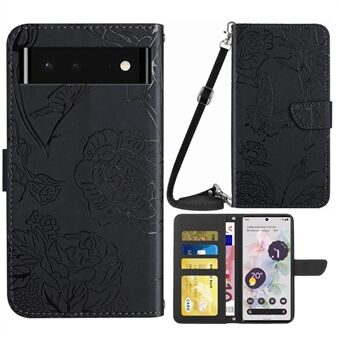 För Google Pixel 6 Skin-touch Känsla Läder Mobiltelefonpåse, Ståfjärilar Blommor Tryckt Mönster Plånbok med Axelrem.