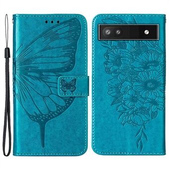 YB Imprinting Series-4 för Google Pixel 6a PU-läder Fjärilsblommönster Präglad Flip-plånboksfodral med magnetstängning, vikstång och handledsrem.