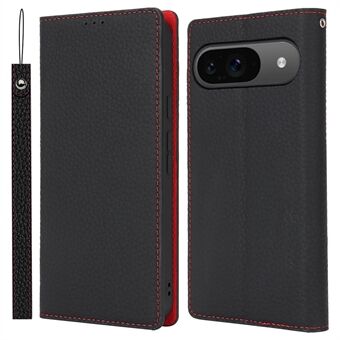 För Google Pixel 9 / Pixel 9 Pro fodral med handrem Äkta ko läder mobilskydd