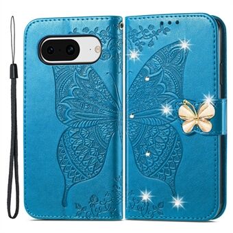 För Google Pixel 8 Fodral Fjärilsblomma Läder Telefonfodral 3D Strass Dekor