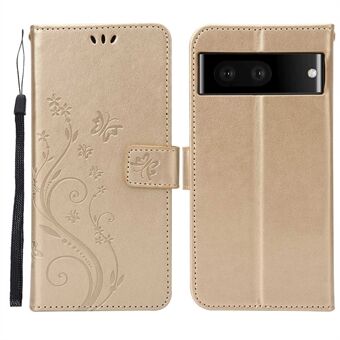 För Google Pixel 7 5G Anti-scratch Dustproof Telefonfodral Plånboksställ i PU-läder, med inpräglade blommor och fjärilar. Mobilfodralet skyddar telefonen.