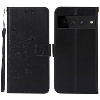 För Google Pixel 7 Pro Plånboksställ PU-läder Prägling Blomma Fjärilar Fodral Fullt skydd Inner TPU-telefonfodral med rem.