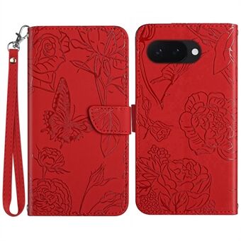 HT03 För Google Pixel 9a Fodral Fjäril Blomma Präglat Lädertelefonfodral med Rem