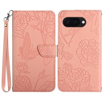 HT03 För Google Pixel 9a Fodral Fjäril Blomprägling Lädertelefonfodral med Rem