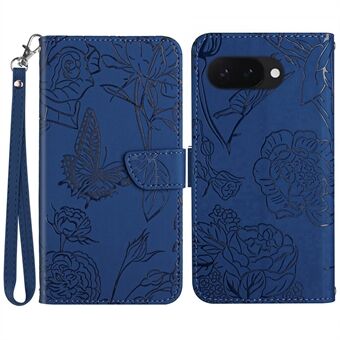 HT03 För Google Pixel 9a-fodral Fjärilsblomma Präglat Läder Telefonfodral med Rem