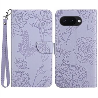 HT03 För Google Pixel 9a Fodral Fjärilsblomma Präglat Läderfodral med Rem