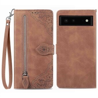 För Google Pixel 6 5G Zipper Wallet-fodral med blommor, magnetiskt lås, PU-läder, stativ och handledsrem.