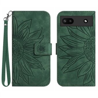 För Google Pixel 6a HT04 mobiltelefonfodral, Drop Prevention Skin-Touch PU-läder Imprinted Sunflower Stand Wallet Cover med handrem